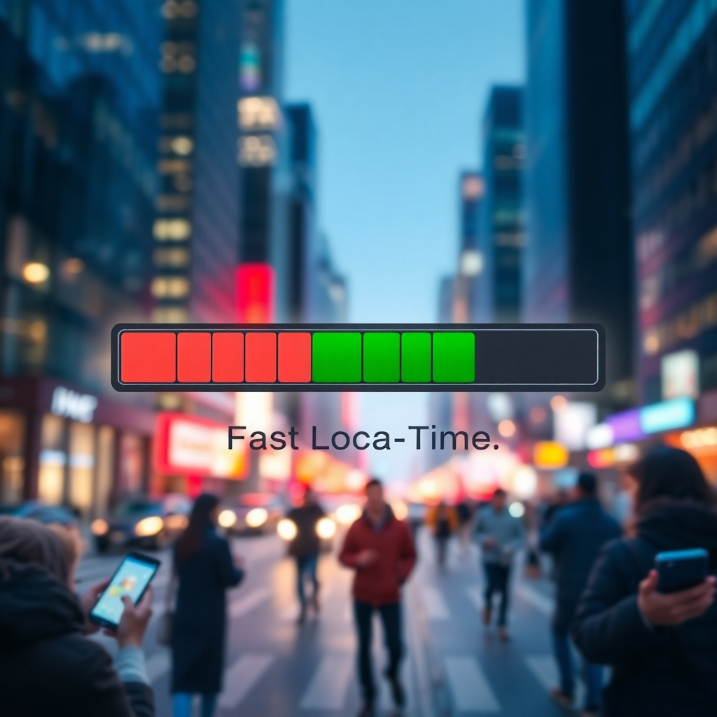 A graphic showing a loading bar with a fast completion time. The background features a blurred cityscape with people using smartphones, symbolizing quick web access and engagement.