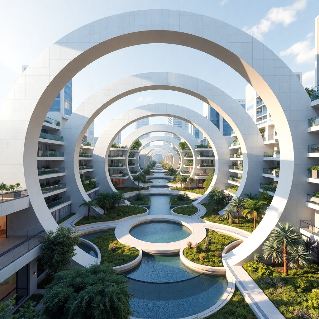 A high-quality photorealistic image of a modern urban area incorporating geometric shapes like circles and squares in the architecture. The design should include natural elements such as greenery and water features, illustrating the balance between structured urban design and the surrounding nature.