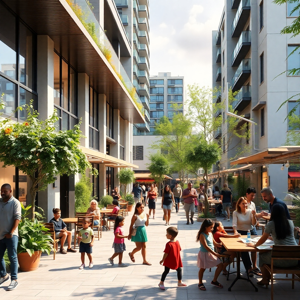 A lively and engaging outdoor community space within a business and residential park, featuring people of diverse backgrounds interacting, children playing, and small outdoor cafes bustling with life. The architecture is modern, with well-designed communal areas surrounded by greenery.