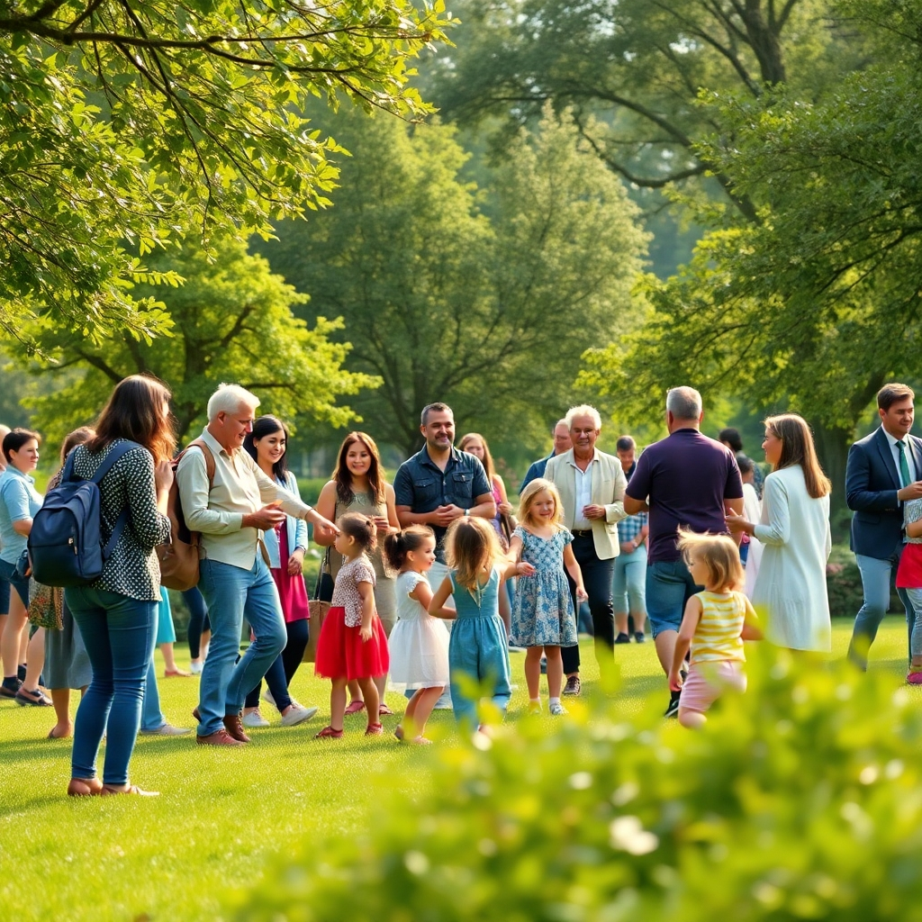 A lively community gathering in a green park setting, with families, children playing, and business professionals interacting. Highlight the friendly atmosphere, showcasing people from diverse backgrounds building connections and enjoying the vibrant community life.