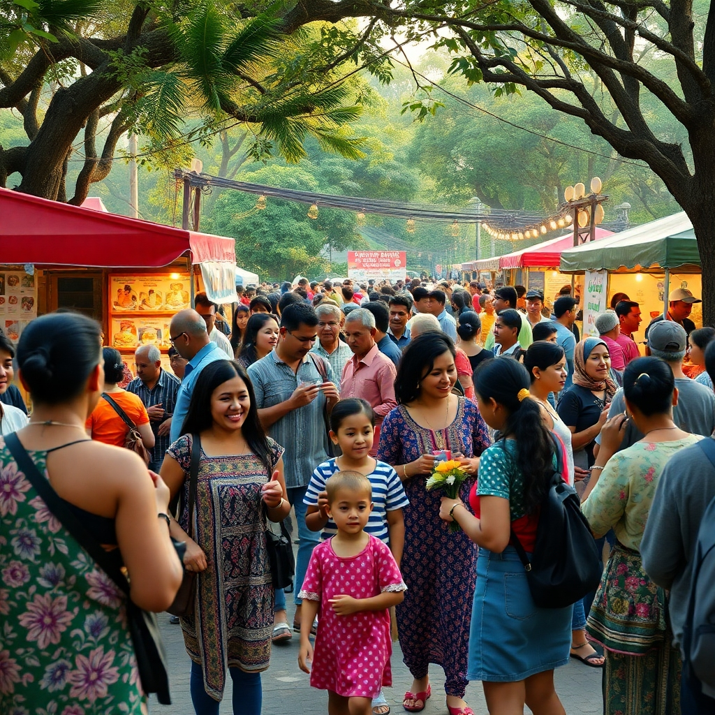A lively community gathering with diverse people enjoying cultural activities, food stalls, and performances; families engaging with art, music, and laughter in a scenic park setting, illustrating a vibrant and inclusive community.