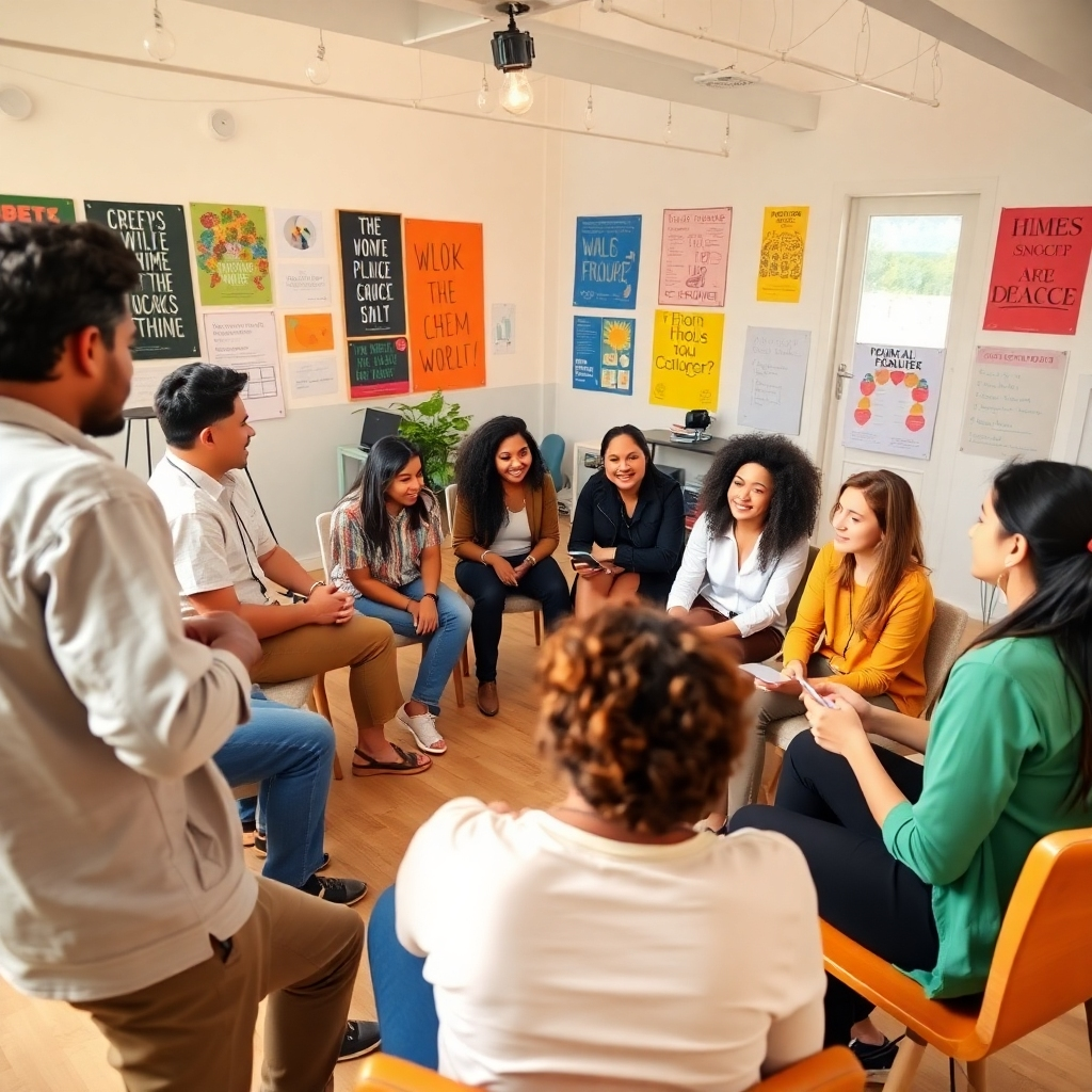 A lively image of diverse individuals participating in a workshop, actively discussing and sharing ideas in a circle. The environment is bright and open, filled with motivational posters and natural light. The color palette is vibrant, full of energy. The camera angle shows the group from a slightly elevated perspective, capturing their engagement. Textures include the natural materials of the room, enhancing the collaborative setting.