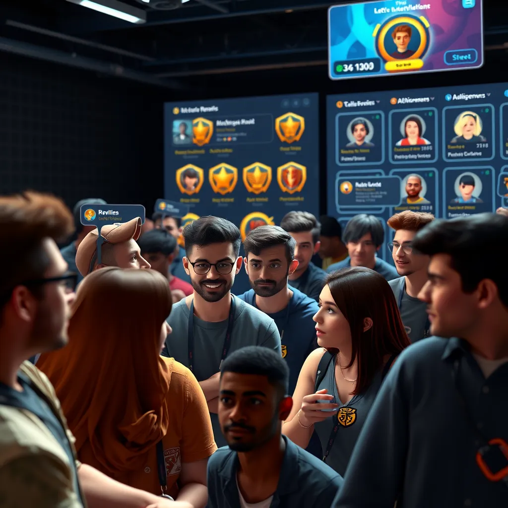 A lively online community environment with avatars of diverse gamers engaged in conversation. Player profiles featuring customized avatars, badges, and engaging chat windows are visible. The background showcases digital rewards and achievements prominently displayed, emphasizing social interaction.
