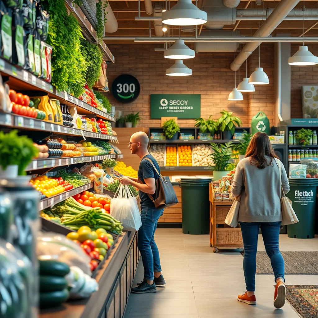 A local grocery store featuring fresh produce and eco-friendly products. Shoppers are seen using reusable bags, and in the background, green initiatives like recycling bins and a small garden showcase sustainability efforts.