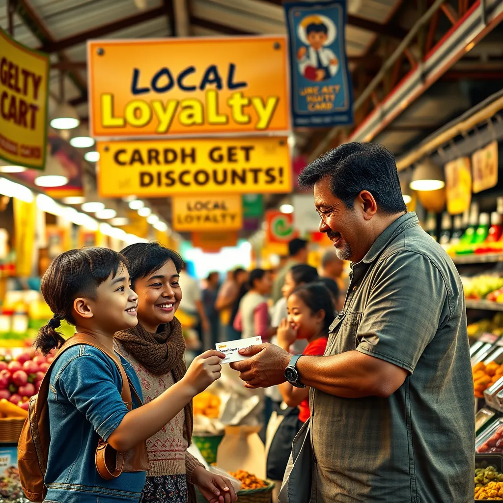 A local market with cheerful stalls and shoppers. Prominent signs advertising 'Local Loyalty Card - Get Discounts!' A family receiving a loyalty card from a friendly vendor with a backdrop of colorful, locally-produced goods.