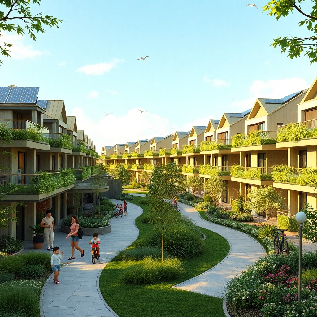 A modern, eco-friendly residential community with green buildings, solar panels, and lush gardens; families enjoying the space, children playing outdoors, and people biking or walking along the paths, reflecting a sustainable lifestyle.