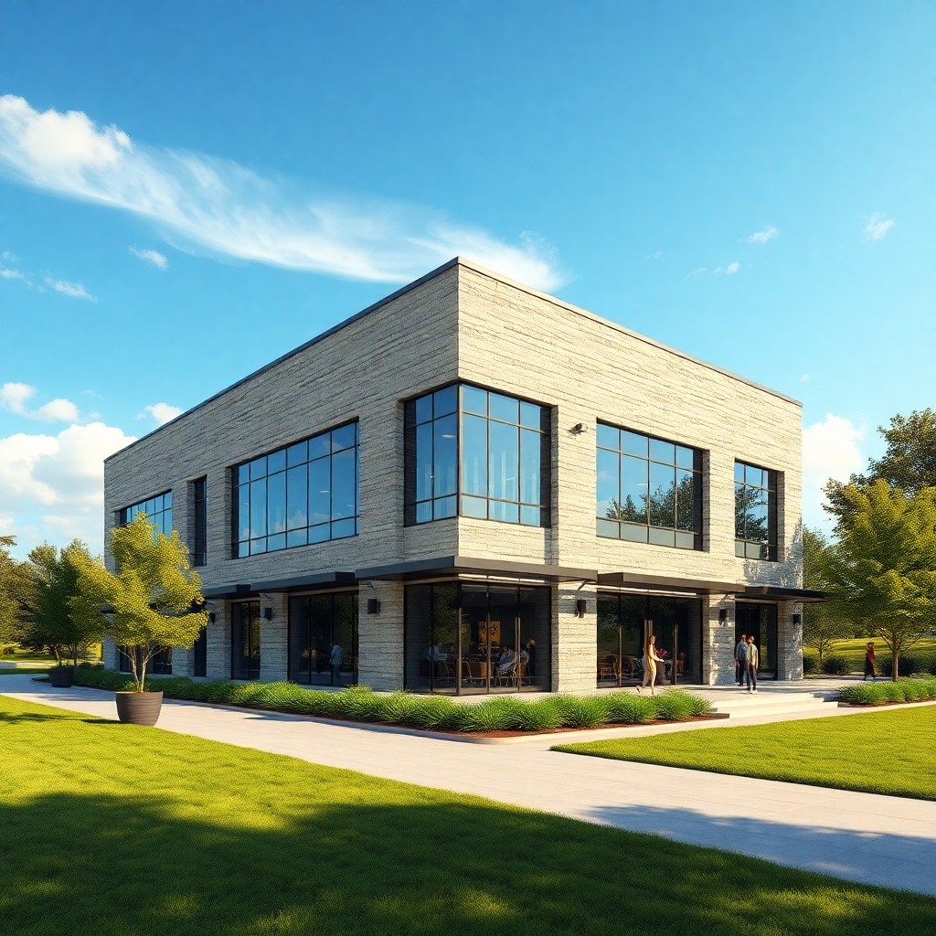 A modern, strong commercial building set in a beautiful natural landscape. Show a sturdy facade made of stone and glass, surrounded by lush greenery and a clear blue sky, representing durability and reliability. Include people enjoying the outdoor space.
