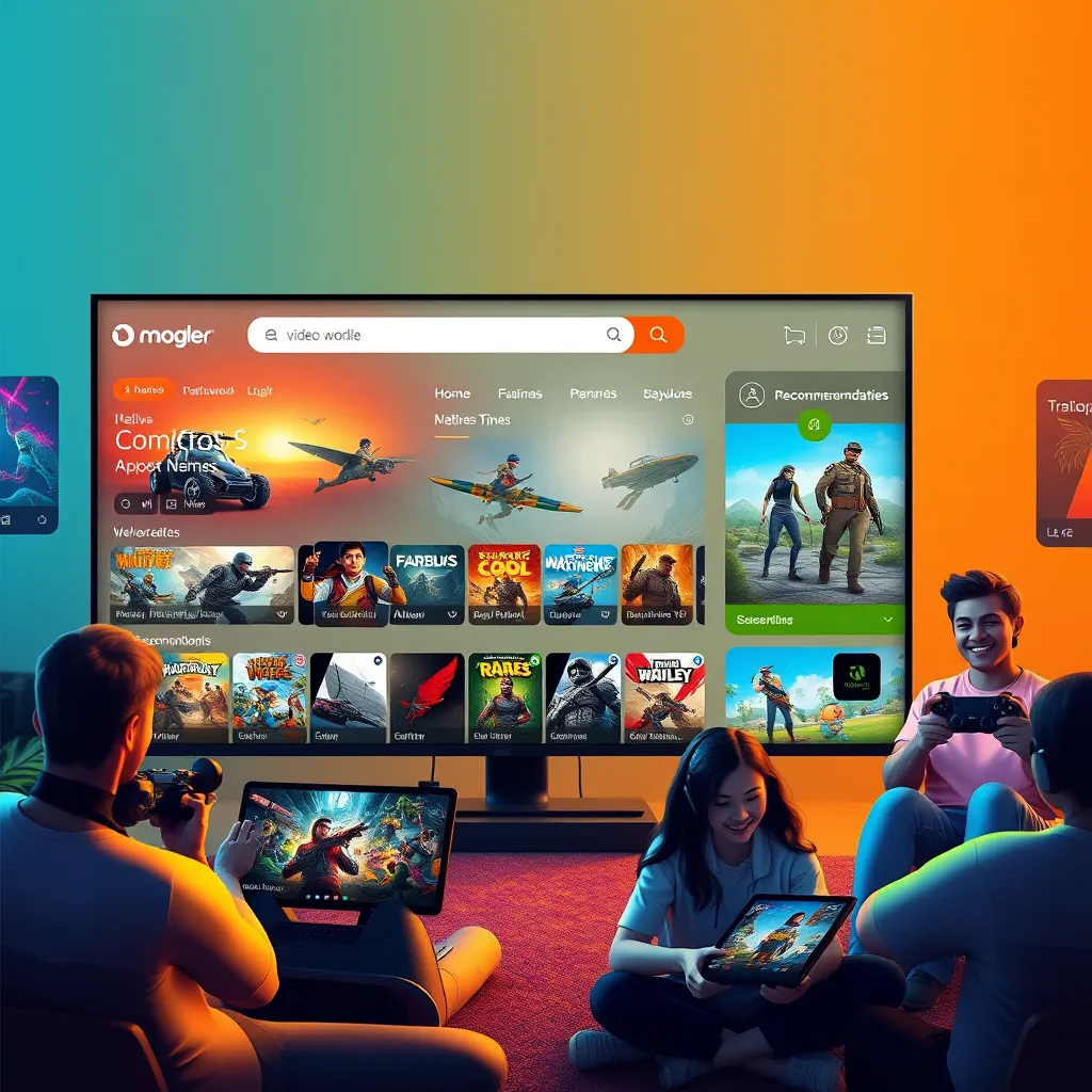 A modern, user-friendly web interface showcasing a vibrant online store for video games. Include elements like easy navigation menus, colorful game thumbnails, and personalized recommendations, all in a sleek design. Show diverse gamers happily browsing on various devices.