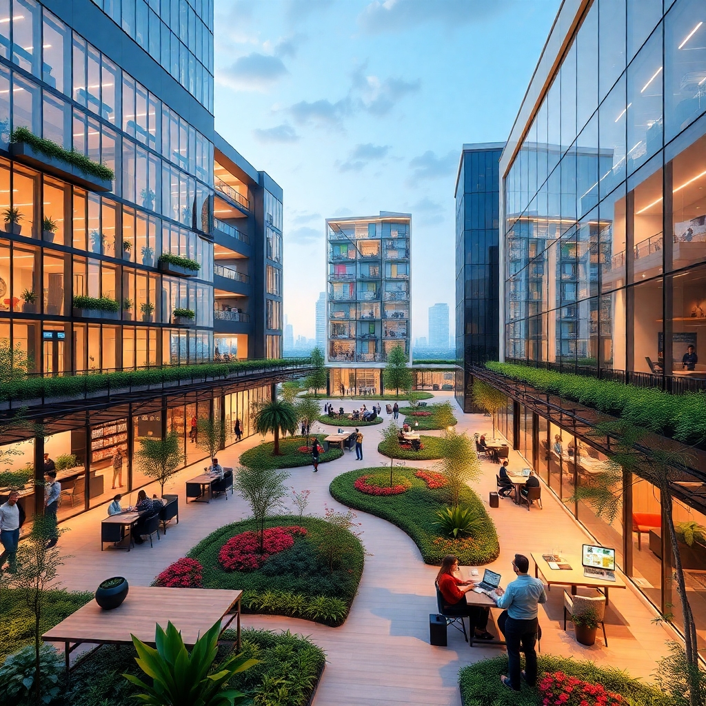 A modern business hub featuring sleek office buildings and innovative spaces filled with diverse businesses and entrepreneurs collaborating. Vibrant landscaping with greenery around the buildings, showcasing a dynamic and robust work environment.