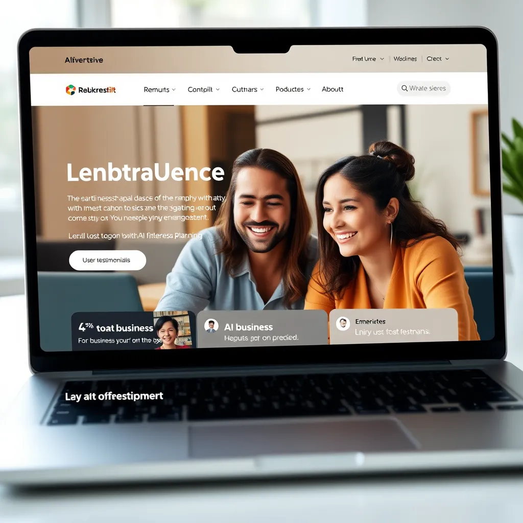 A modern web interface depicting an intuitive navigation bar with clear icons and labels, showcasing a friendly user experience. Include visuals of entrepreneurs smiling while navigating the website on a laptop, with sections highlighting features like AI business planning and user testimonials.