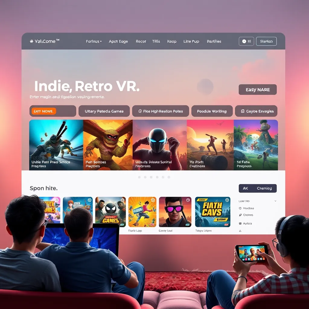 A modern website interface featuring a vibrant homepage showcasing indie, retro, and VR games. It includes easy navigation bars, colorful game thumbnails, and user-friendly buttons. Gamers are browsing the site on various devices, including a laptop, tablet, and mobile phone.