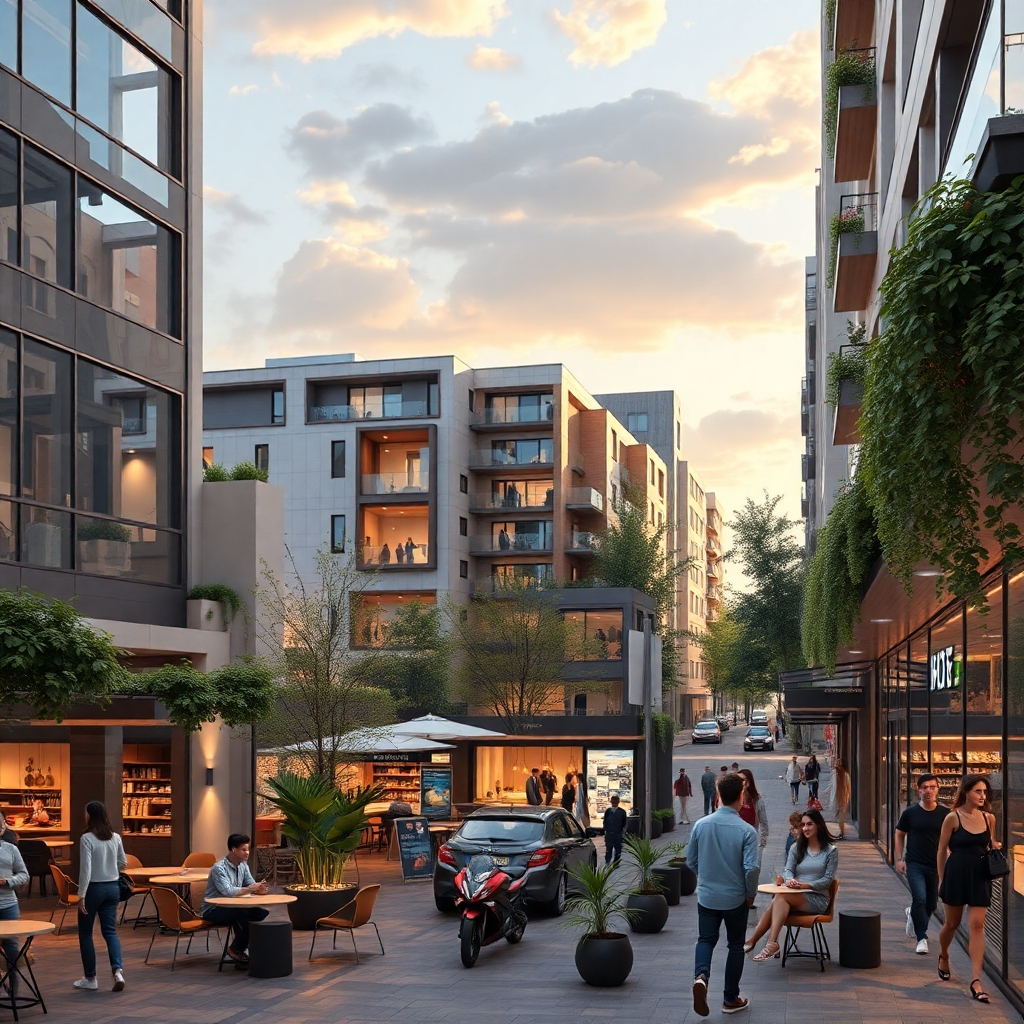 A photorealistic image depicting a modern mixed-use development, featuring both residential and commercial spaces. The scene should illustrate busy cafes, shops, and office areas, with people interacting and enjoying a lively community atmosphere.