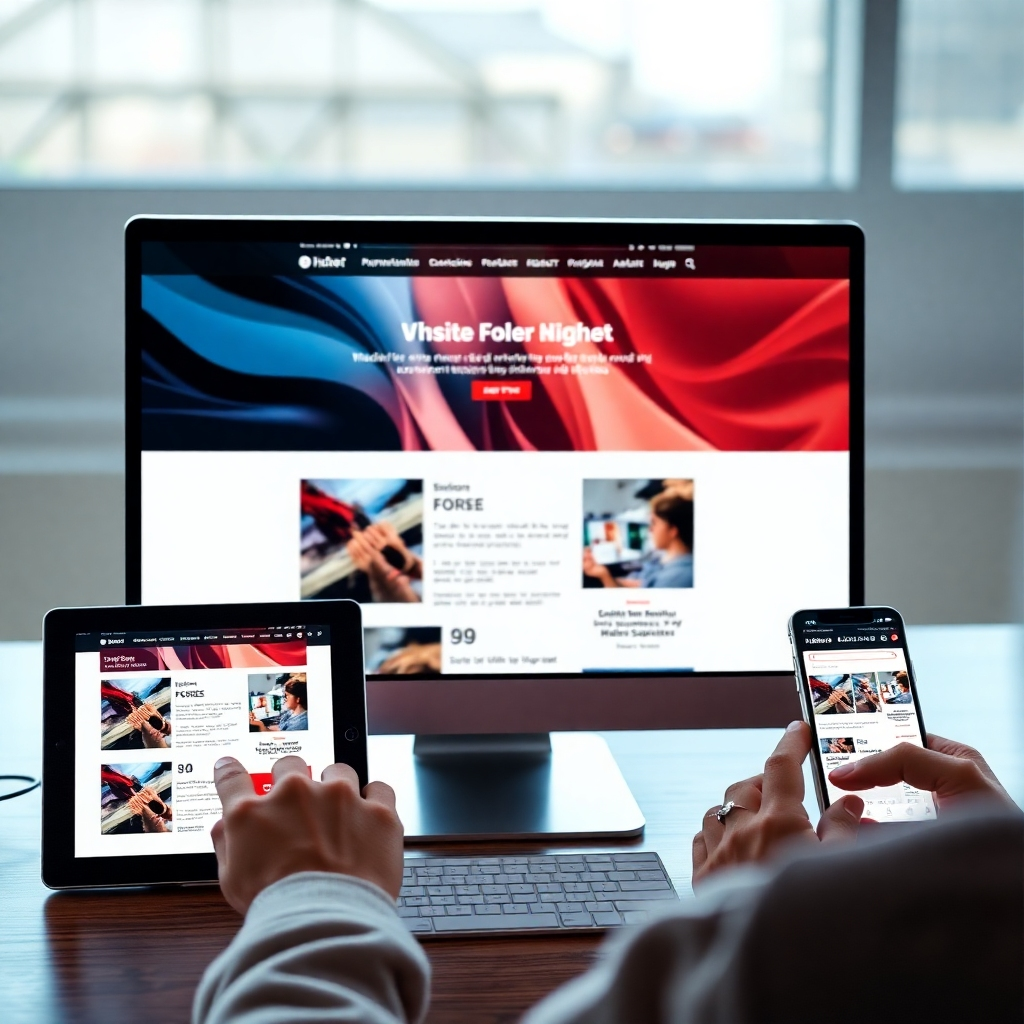 A photorealistic image depicting a responsive web design in action, showing a split-screen of the same website displayed on a desktop, tablet, and smartphone. Each device should show the same content, adapted to fit its screen size, with a user interacting with each device.