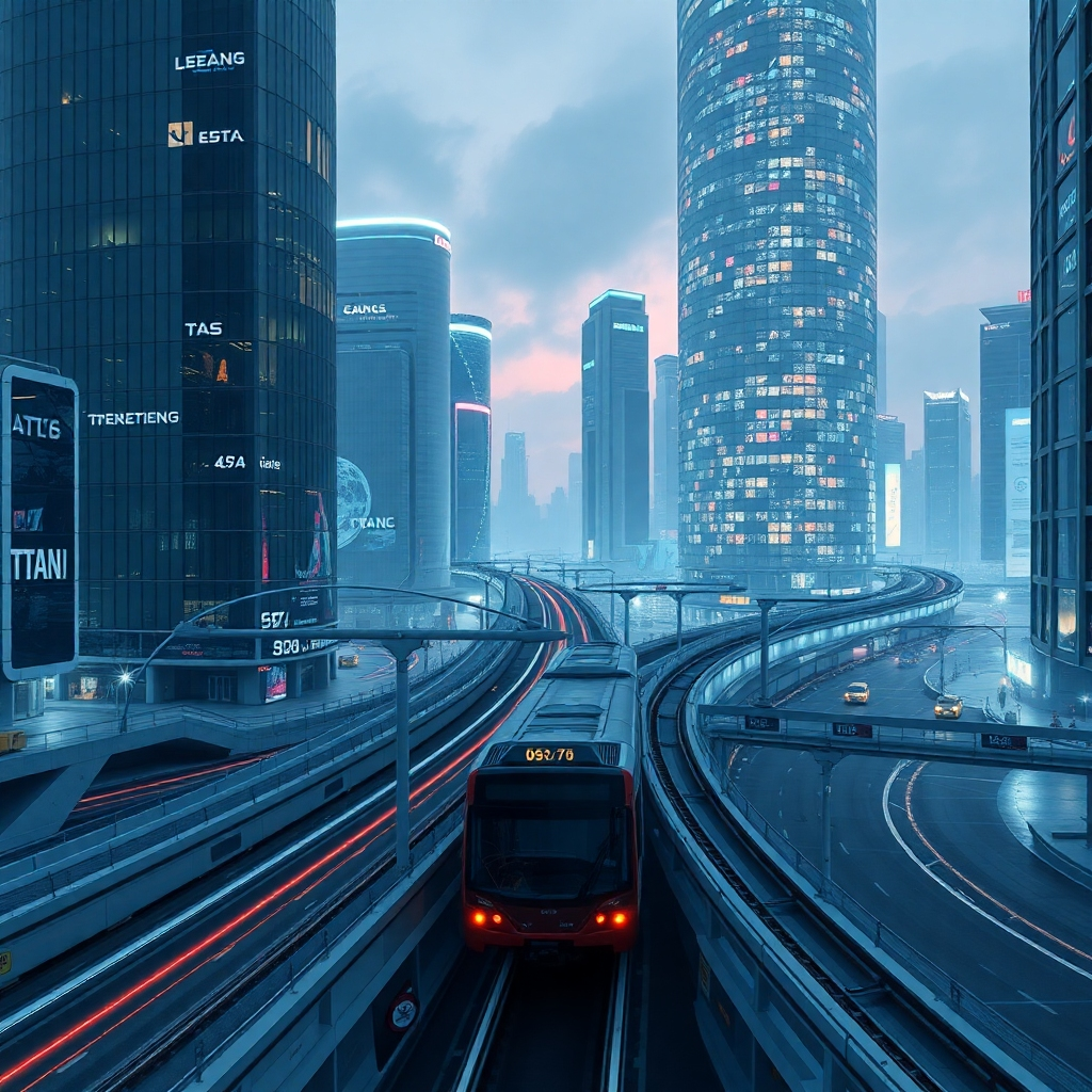 A photorealistic image depicting a modern infrastructure setup with smart transport systems, high-speed internet access, and innovative building designs, showcasing a futuristic urban landscape that supports both business and lifestyle.