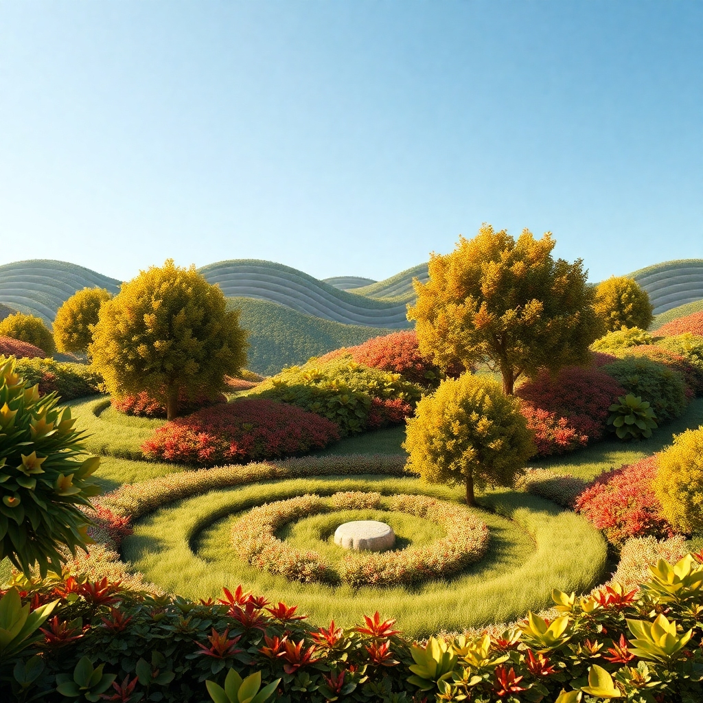 A photorealistic image depicting a vibrant landscape with various shapes made out of leaves and trees. Include curved lines representing waves in the background, blending seamlessly into a structured geometric design with circles and squares, showcasing a harmonious connection between nature and architecture.