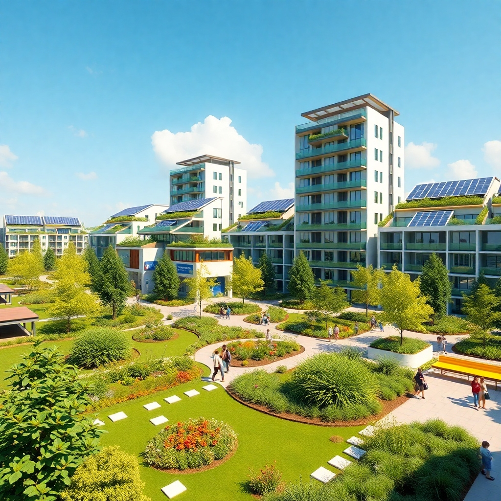 A photorealistic image depicting a sustainable business and residential park, featuring green spaces such as parks and gardens, energy-efficient buildings with solar panels, and people engaging in outdoor activities. The setting is vibrant and inviting, showcasing modern architecture combined with nature.