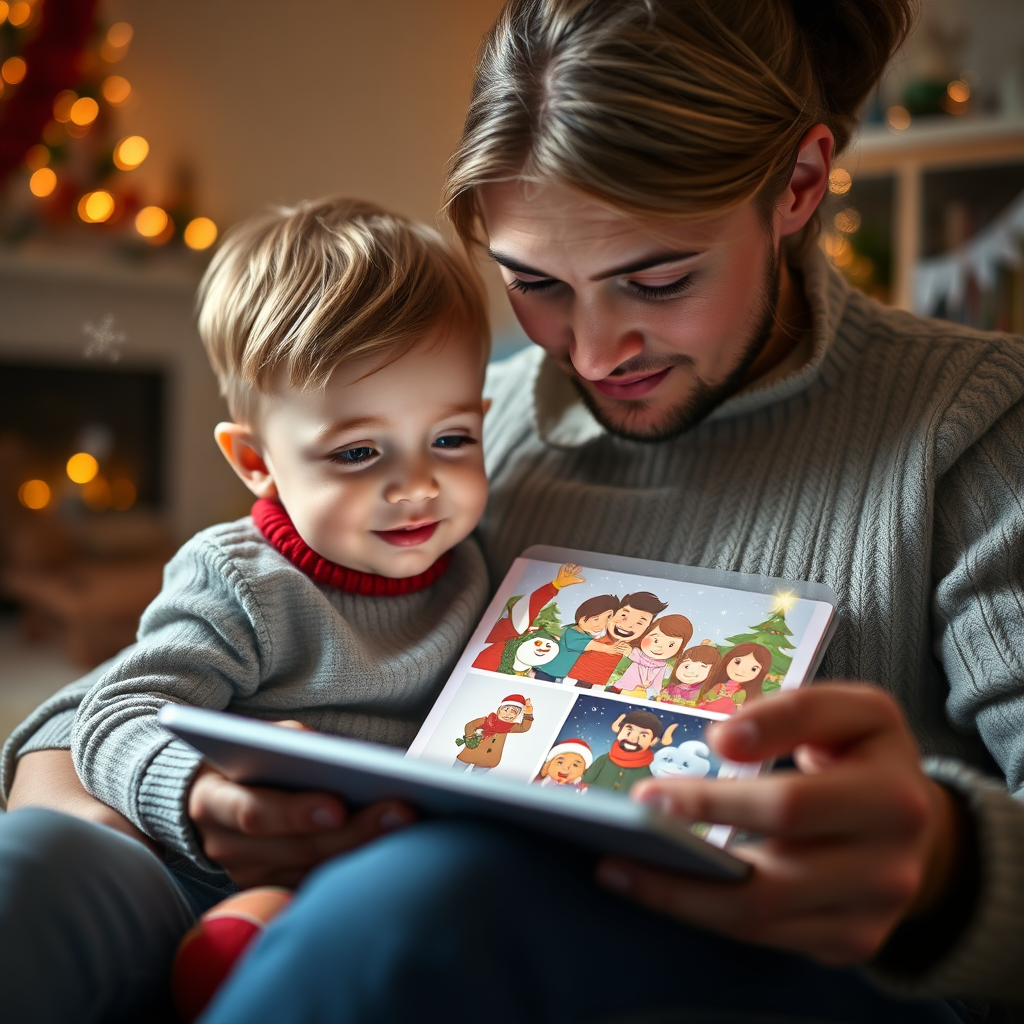 A photorealistic image depicting a child sitting on a parent's lap, both gazing at a tablet displaying a Christmas photo album. The photos are subtly animated, with snowflakes falling and characters smiling, brought to life with AI. Soft, warm lighting emphasizes the intimate moment and the magic of the storytelling. Camera angle: Eye-level, focusing on the connection between the child and parent. Technical specs: 4K resolution, high detail.