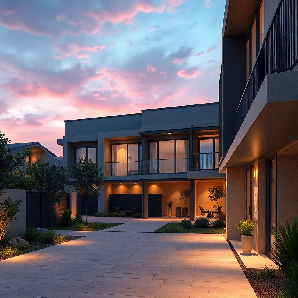 A photorealistic image displaying the interplay of colors and lighting in an outdoor area of a modern housing project. Soft natural colors should dominate, with subtle lighting highlighting architectural details against dusk, creating a warm and welcoming ambiance.