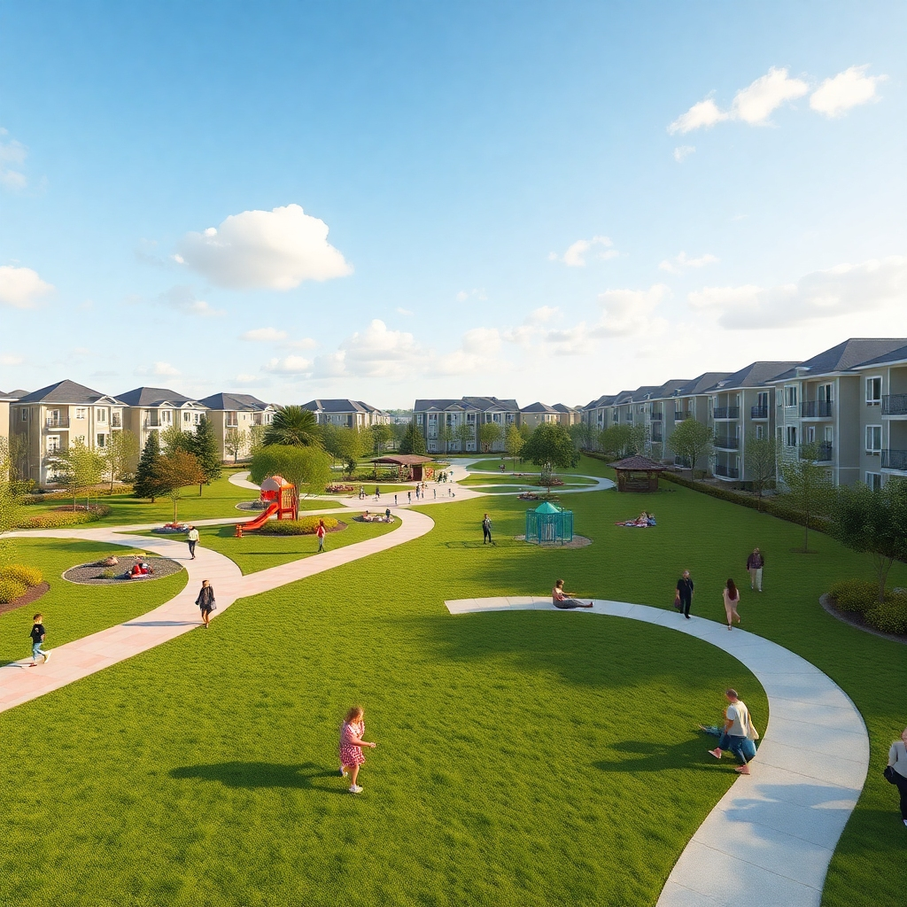 A photorealistic image of a beautifully landscaped park area within a residential development, featuring walking paths, playgrounds, and open green spaces. People of different ages are engaged in various activities like walking, playing, and relaxing on the grass.