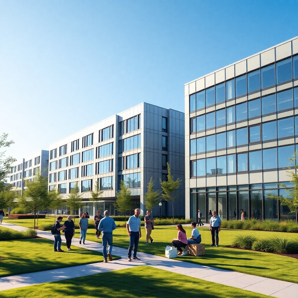 A photorealistic image of a business park in Norway, featuring modern office buildings with sleek architecture. Include people engaging in collaborative activities outdoors, in a well-maintained green area, under a clear blue sky, showcasing a vibrant work environment.