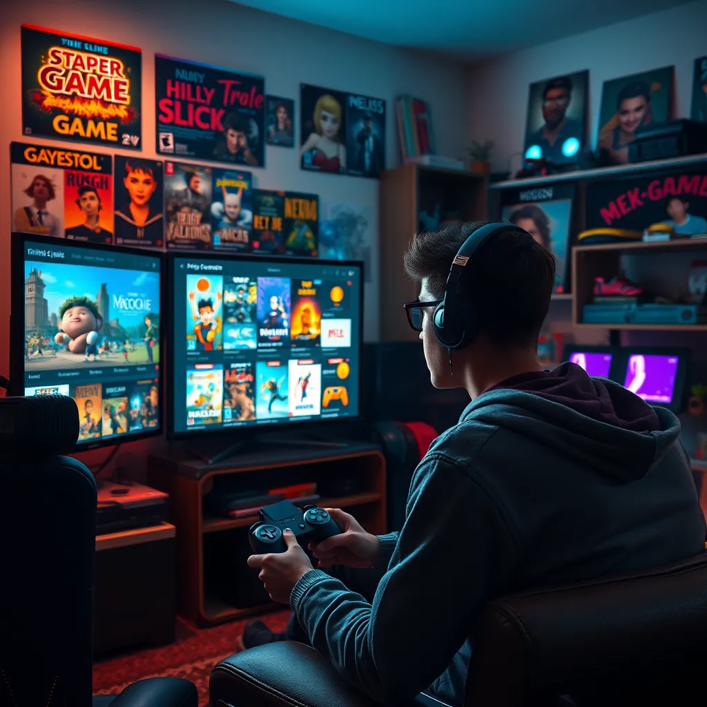 A photorealistic image of a gamer browsing an online store filled with colorful indie game covers on a digital screen. The room is cozy with soft lighting, and the gamer is engaged, surrounded by retro gaming memorabilia.