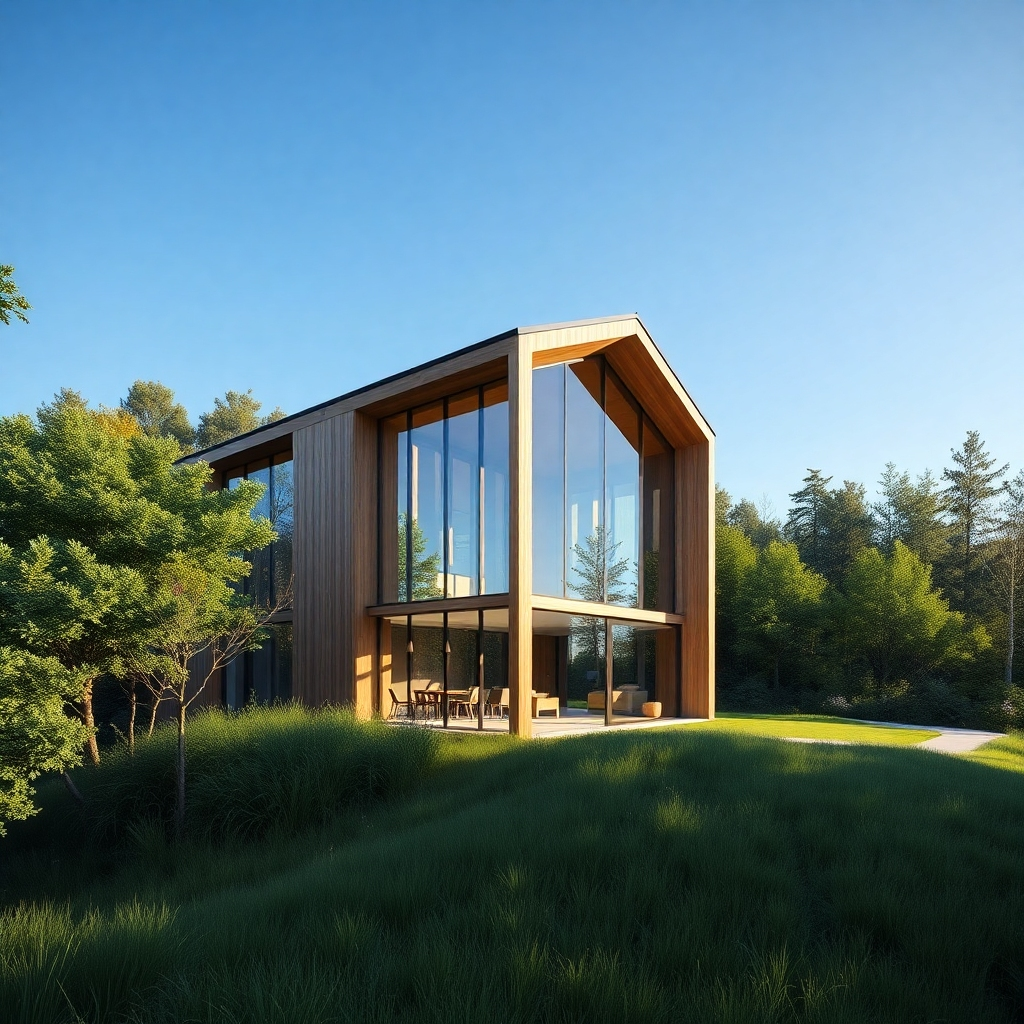 A photorealistic image of a modern architectural building surrounded by nature, with large glass windows and wooden accents. The setting should feature lush greenery and a clear blue sky, showcasing the harmony between the structure and the landscape.