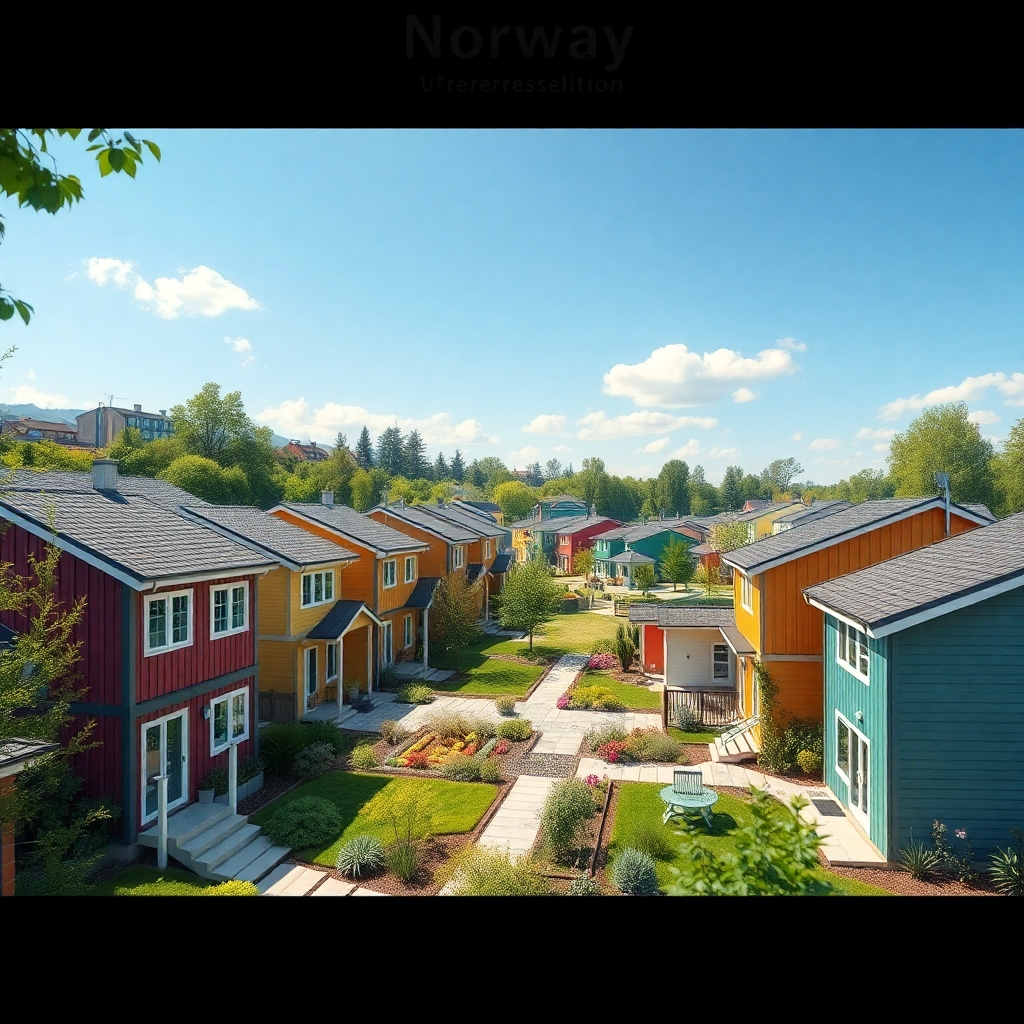 A photorealistic image of a modern residential area in Norway, showcasing contemporary houses with vibrant colors surrounded by lush greenery, in a sunny environment. Include welcoming outdoor spaces such as gardens and pathways, evoking a sense of community.