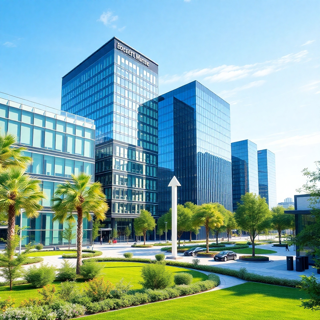A photorealistic image of a modern business park, showcasing sleek glass buildings and flexible office spaces surrounded by greenery. Incorporate symbols of growth, such as upward arrows, and include a clear blue sky to evoke a sense of innovation.