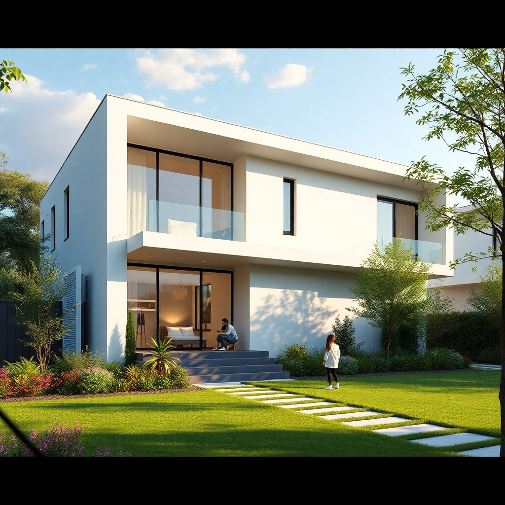 A photorealistic image of a modern residential building in a suburban setting, showcasing innovative architectural design with clean lines, large windows, and green surroundings. The scene should include vibrant landscaping and families enjoying the outdoor space.