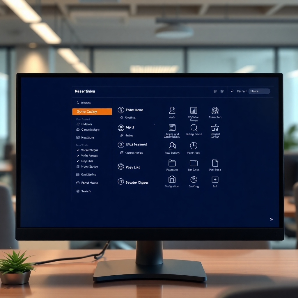 A photorealistic image of an intuitive user interface displayed on a modern computer screen, showcasing a streamlined menu design with clear icons and quick links. The background should be lightly blurred office environment, emphasizing the digital display.