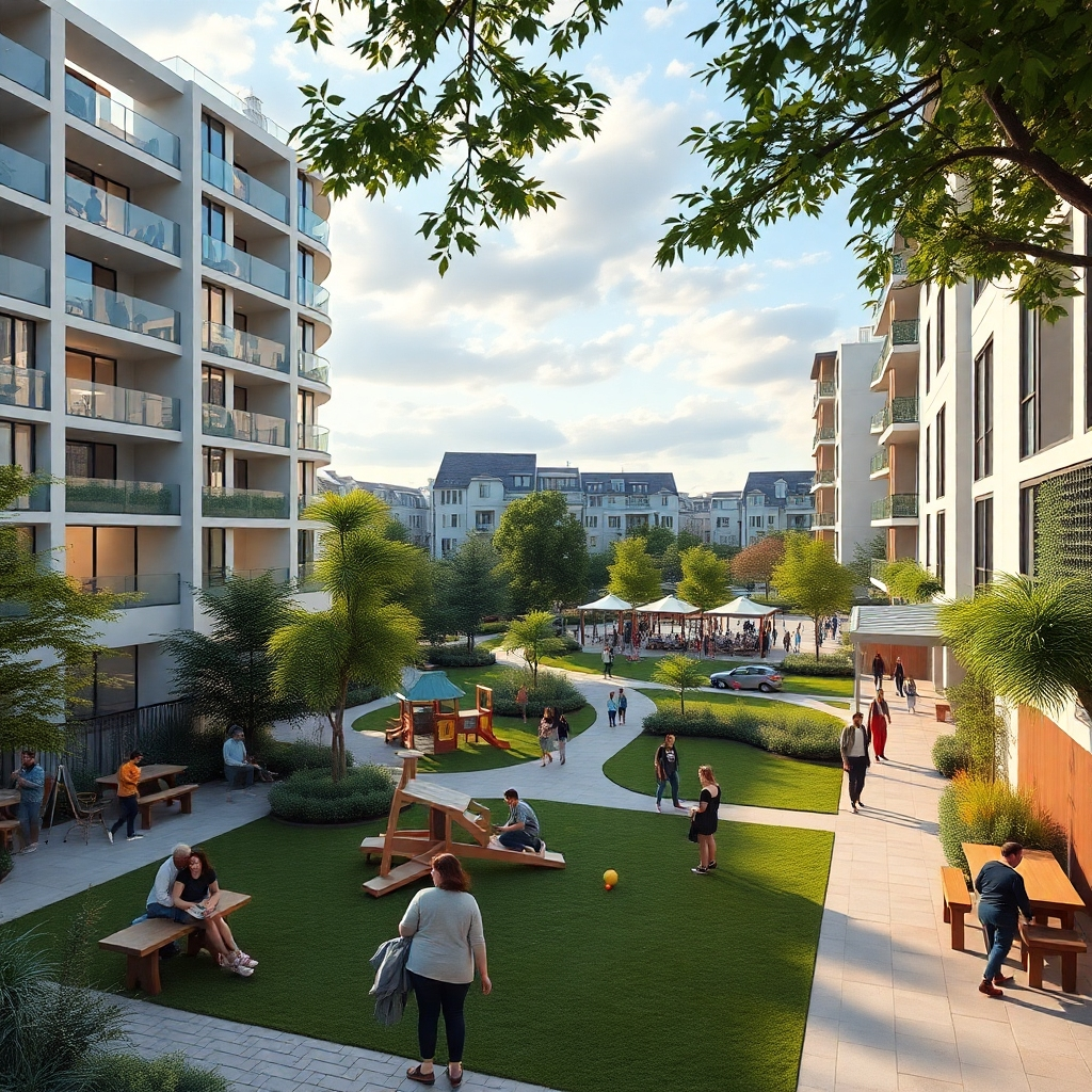A photorealistic image representing a lively community space in a residential area, featuring people engaging in activities in parks, playgrounds, and communal areas, surrounded by modern architecture and greenery, signifying a vibrant community.