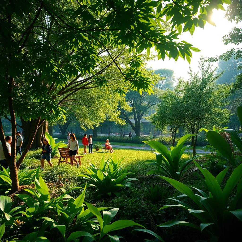 A photorealistic image showcasing a lush green landscape with diverse flora, symbolizing sustainability and nature. Include sunlight filtering through the leaves, and a peaceful atmosphere where people are engaging with nature, like walking or relaxing in a park.