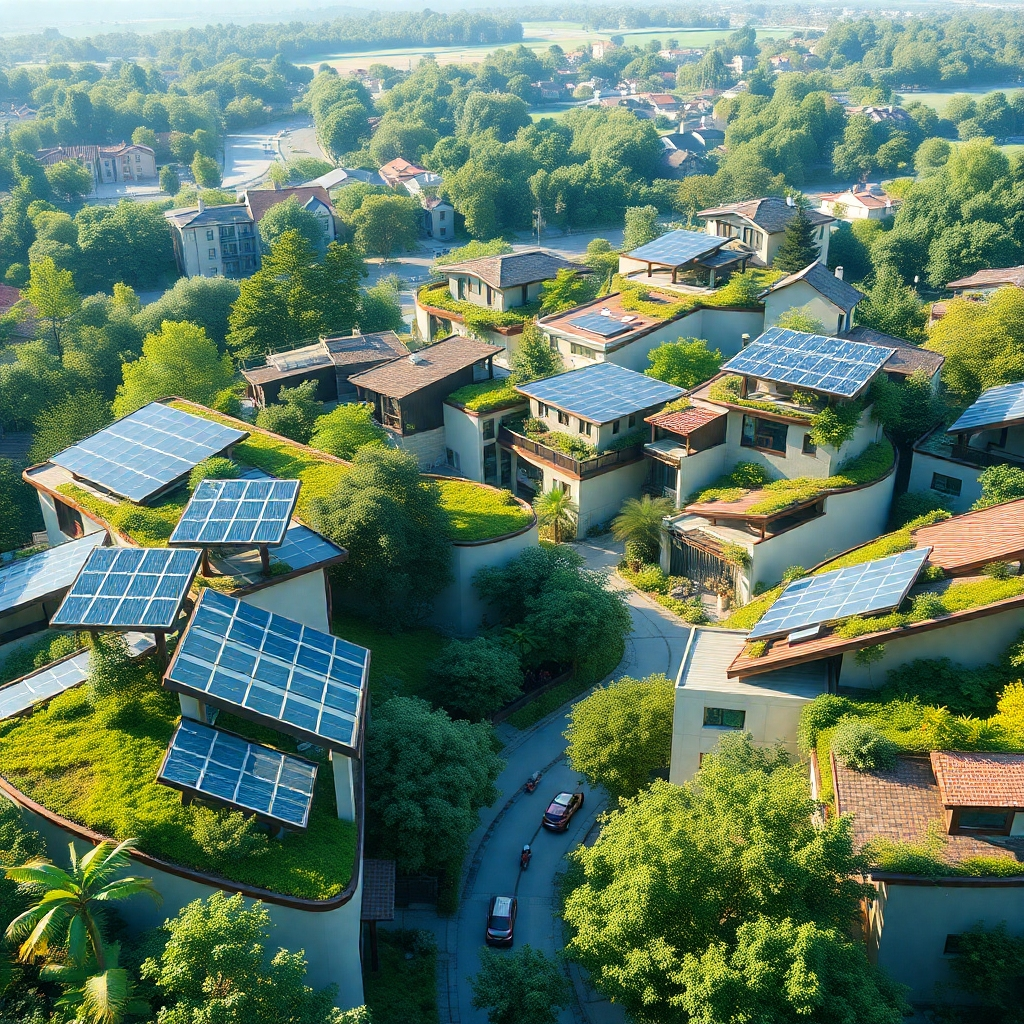 A photorealistic image showcasing a sustainable living area with green roofs, solar panels, and recycled materials integrated seamlessly into a modern neighborhood, surrounded by lush greenery and a vibrant community.