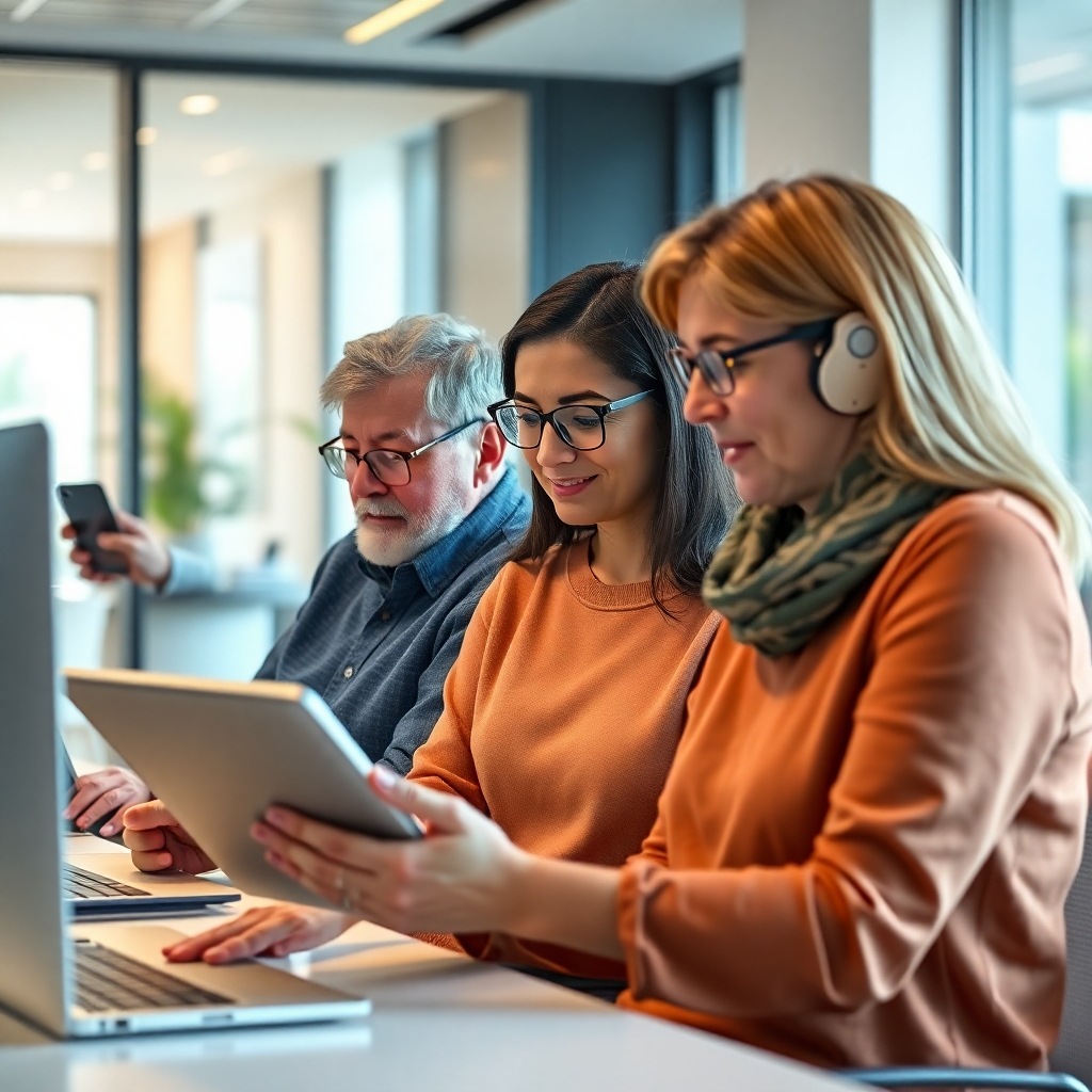 A photorealistic image showing a diverse group of people using different accessible features on a website. Include a visually impaired person using a screen reader device, someone using a tablet with large icons, and another person navigating using voice commands, all in a modern office space.
