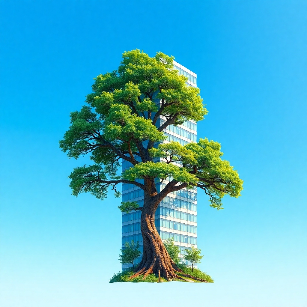 A photorealistic logo design featuring a large, thriving tree intertwined with a sleek, modern building. The logo should be vibrant and convey harmony between nature and urban development. The background should be a clear blue sky, emphasizing a bright and positive environment.