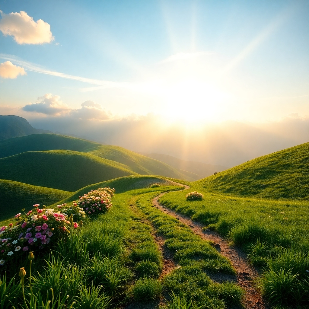 A photorealistic, ultra-high quality header image depicting a serene landscape symbolizing The New Suverene World. The scene showcases an ethereal sunrise illuminating a path winding through lush green hills, with vibrant flowers lining the sides. Soft rays of light break through wispy clouds, casting gentle shadows. The color palette features calming blues, greens, and warm yellows to evoke a sense of tranquility and awakening. The camera angle is slightly elevated, allowing for a panoramic view of the landscape. The texture details highlight the dewdrops on the flowers and the soft grass underfoot, immersing the viewer in this transformative environment. The style references include inspirational and visionary landscapes. The technical specs are 8K resolution, hyperrealistic.