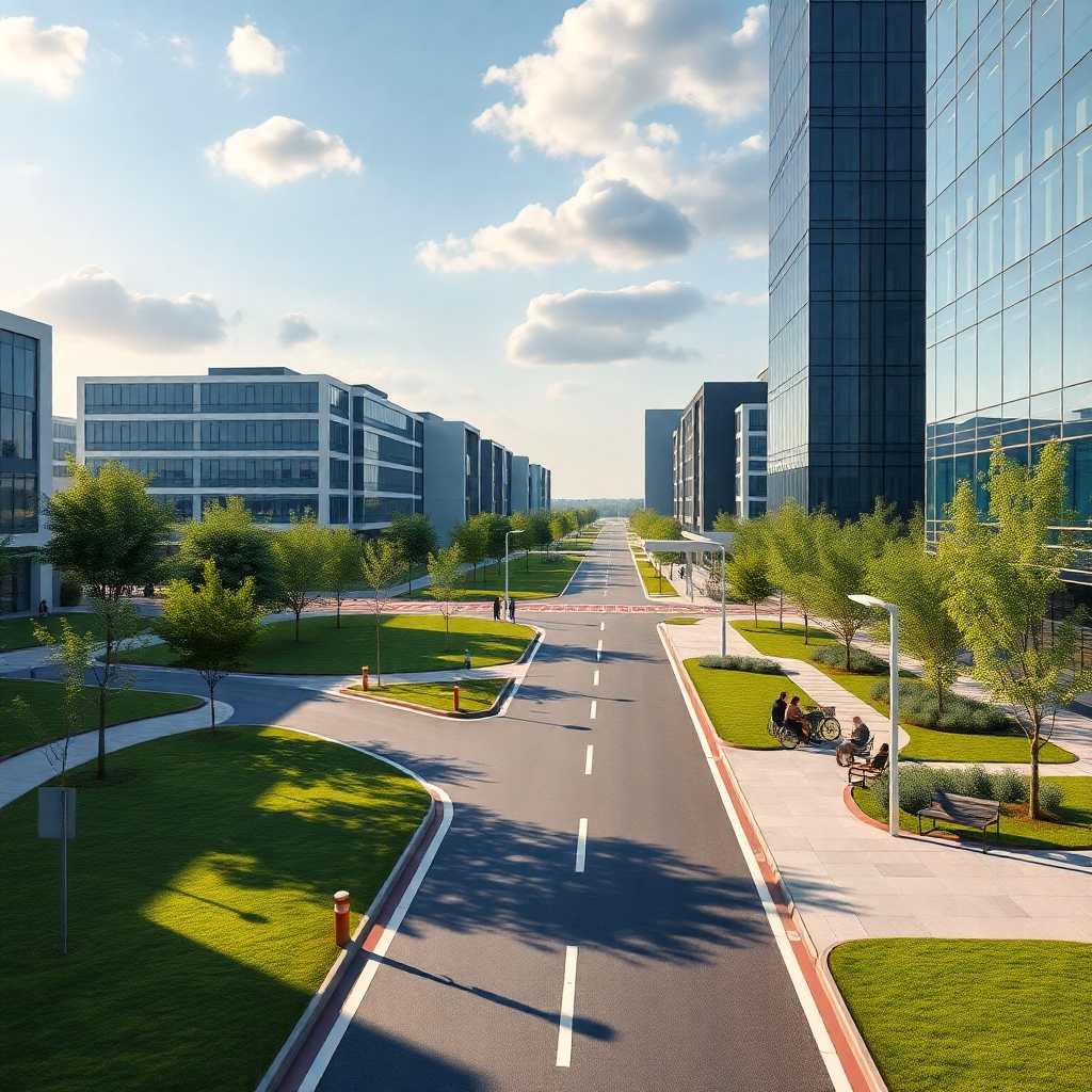 A photorealistic view of a modern business park with contemporary office buildings, large green spaces, and easy accessibility features like wide roads and clear signage. Include people engaging in outdoor activities and friendly interactions.
