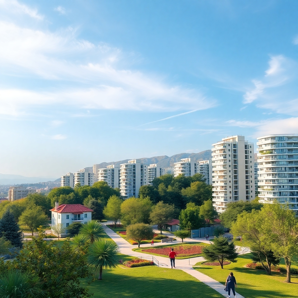 A picturesque landscape of Rovdas showing a blend of contemporary residential buildings and lush green parks. Families enjoying outdoor activities like picnicking or walking while surrounded by trees, with a clear sky above illustrating a serene yet dynamic atmosphere.