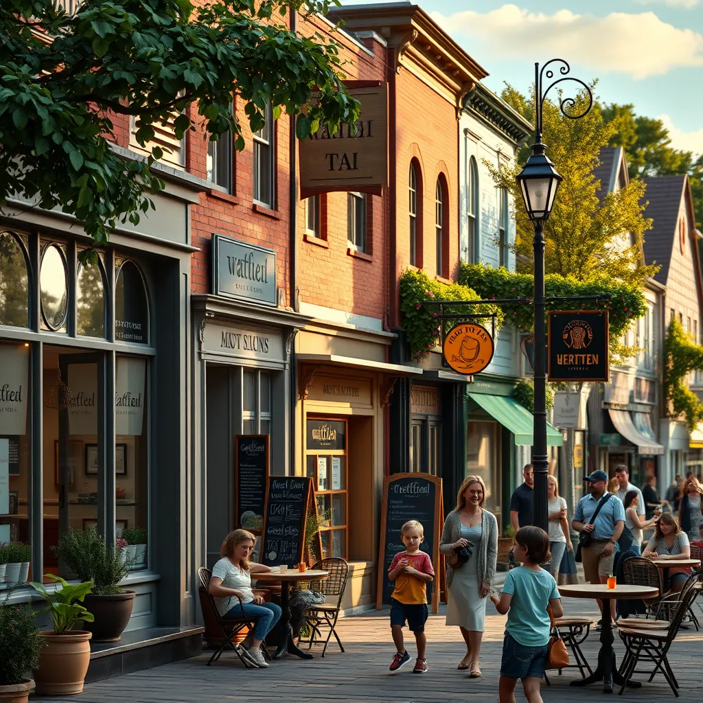 A picturesque main street with charming local boutiques, cafes, and restaurants. Customers chatting with friendly shop owners, kids playing, and community members interacting harmoniously, reflecting a strong sense of local identity.