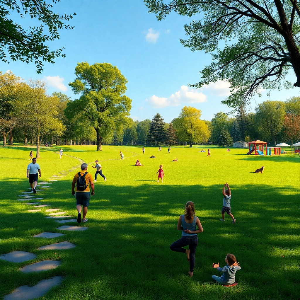 A picturesque nature scene highlighting recreational activities in a park. Include families hiking along scenic trails, individuals practicing yoga on a meadow, and children playing in a safe playground, surrounded by lush trees and vibrant wildlife.
