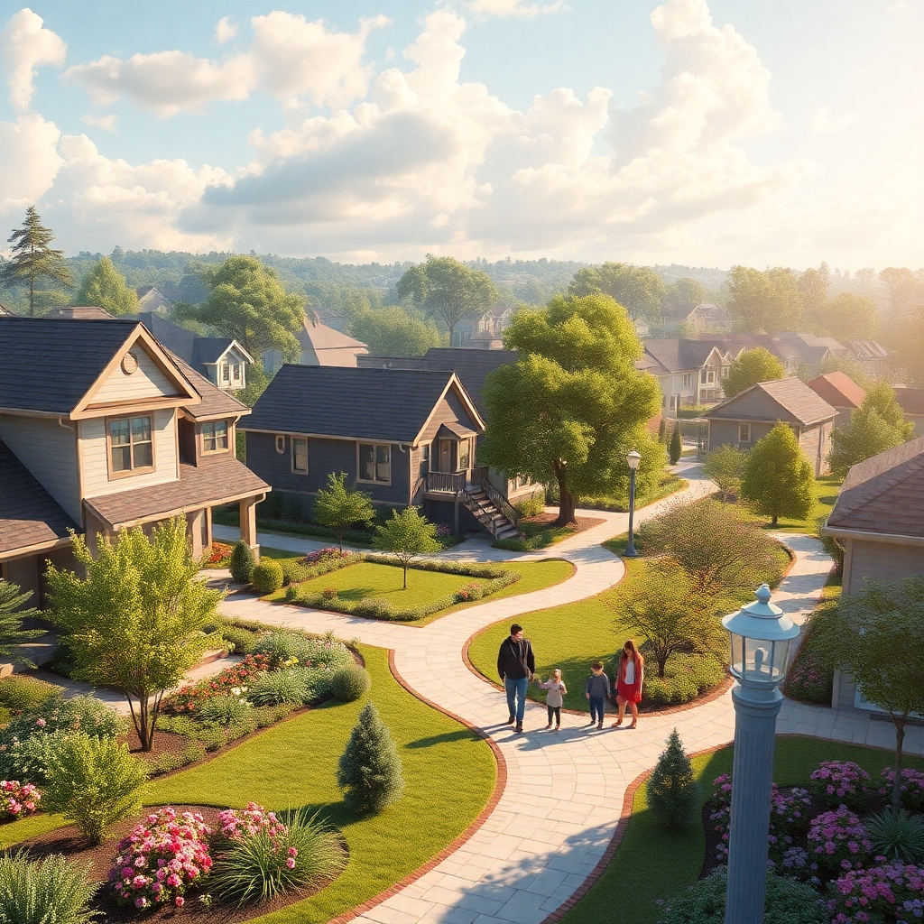 A picturesque neighborhood with a mix of modern houses, townhouses, and apartments, surrounded by beautiful landscaping. Feature families interacting in the community, with trees, flowers, and pathways creating an inviting atmosphere.