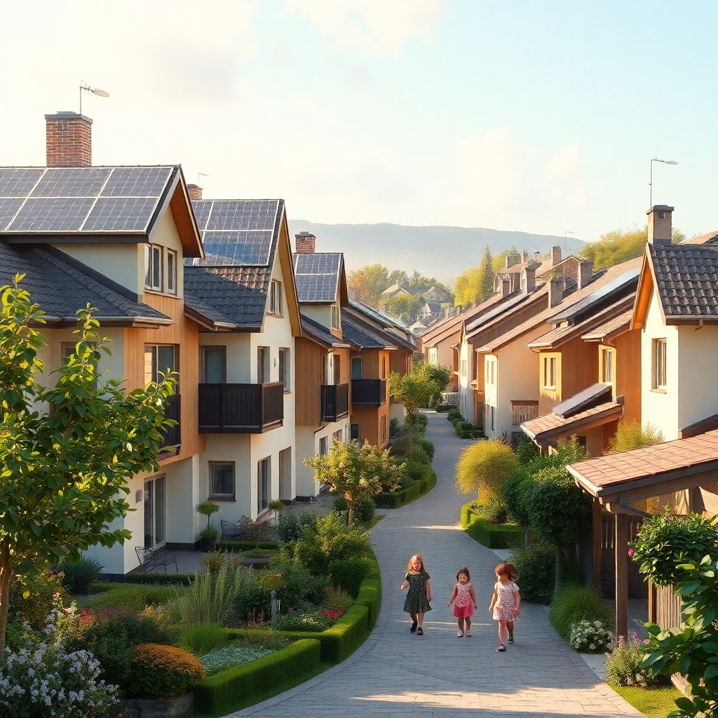 A picturesque residential area with eco-friendly houses designed in a contemporary style. Solar panels on rooftops, green gardens, and children playing in the street create a family-friendly atmosphere. Soft sunlight illuminates the scene.