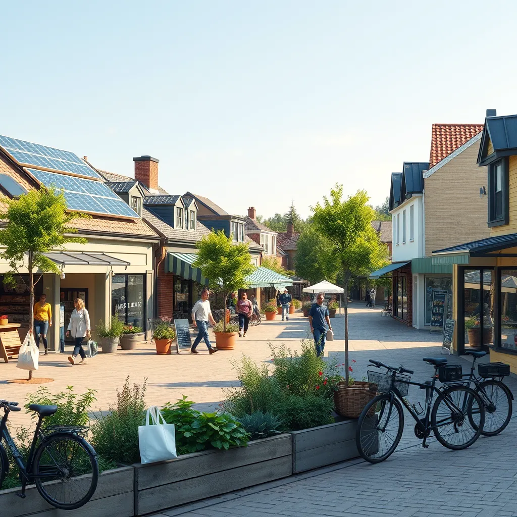 A picturesque town square with local shops and green spaces. Shoppers carrying reusable bags and bicycles parked nearby. Solar panels on store roofs and planters with flowers and herbs lining the sidewalks. Clear skies and clean surroundings emphasize environmental benefits.