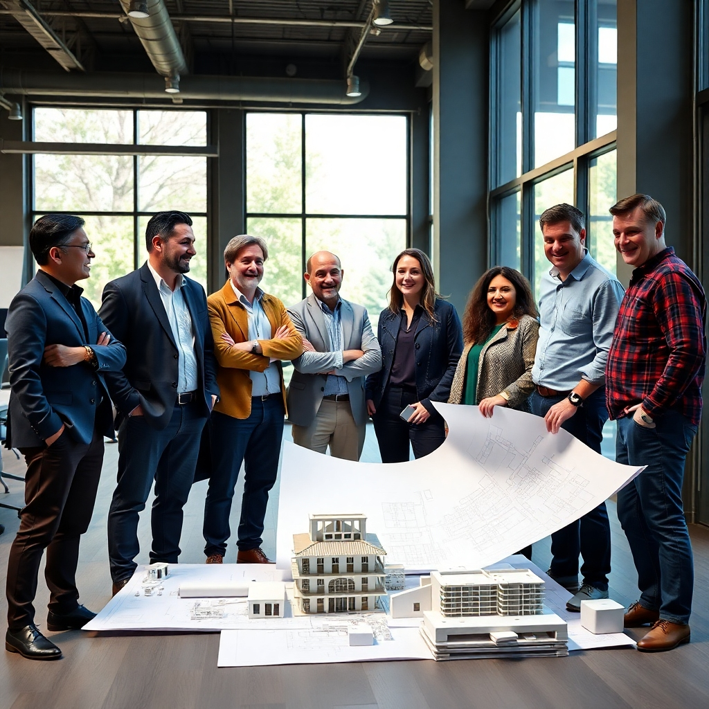 A professional portrait of a diverse team of property owners and developers standing together in a bright office space, discussing architectural plans and models, showcasing enthusiasm and teamwork, with a backdrop of large windows allowing natural light.