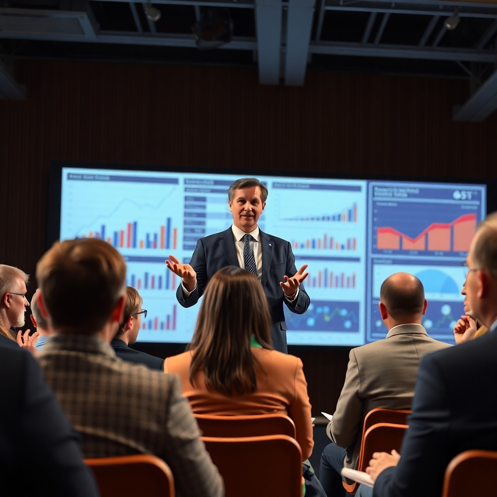 A professional presentation scene, featuring a confident speaker addressing an audience. The backdrop should display charts and data visuals, exuding professionalism, with attendees attentively listening and taking notes to emphasize the informative tone.