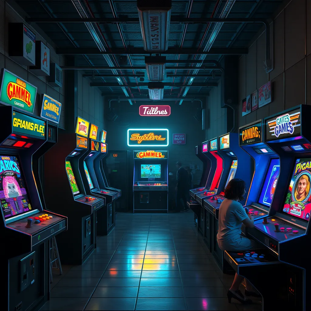A retro arcade scene featuring classic game cabinets with pixel art graphics, neon lights, and players enjoying these games. Include a blend of modern visuals like digital elements that signify the updated mechanics or features of these retro titles.