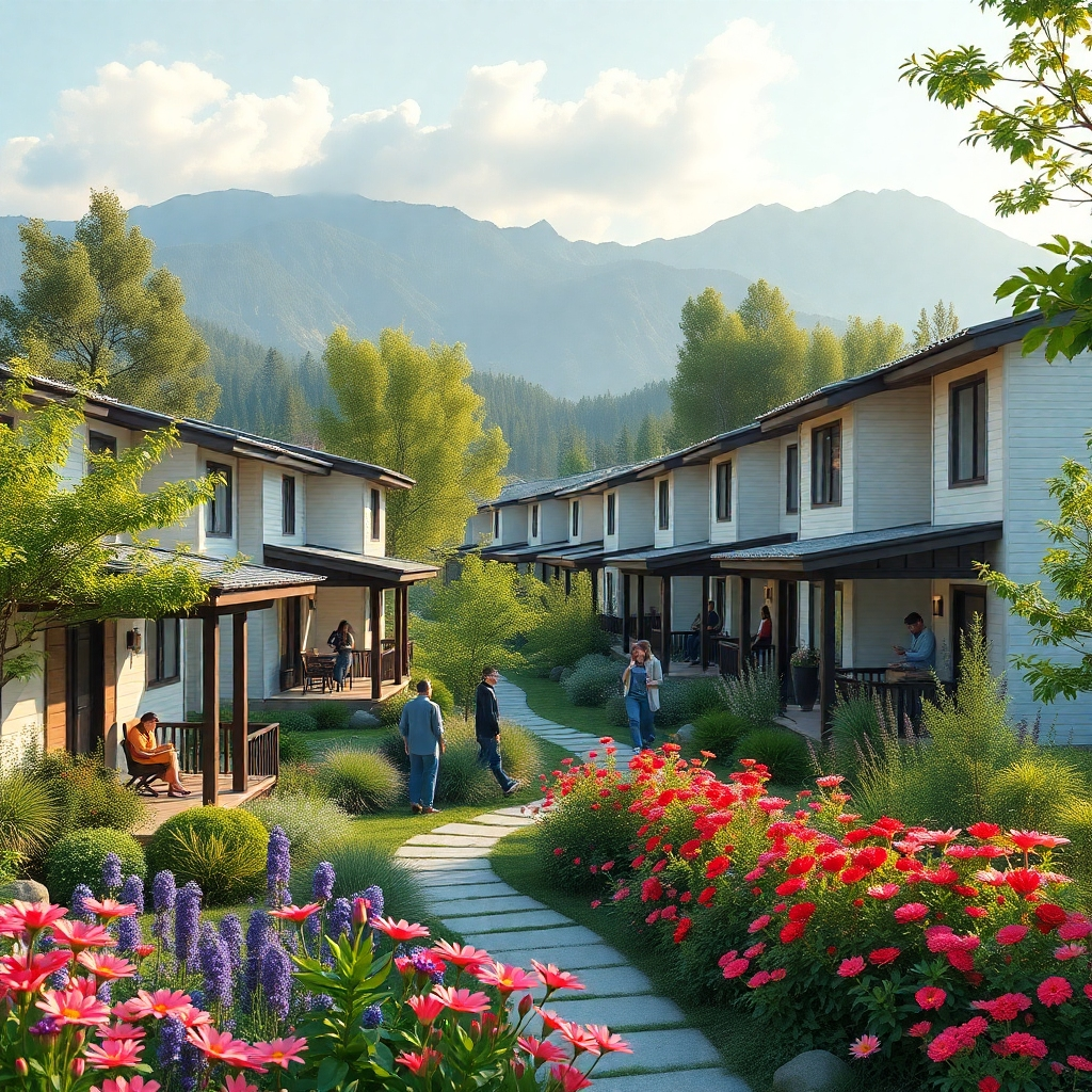 A serene and harmonious scene showcasing a modern housing development nestled within lush greenery. Include people engaged in work-related activities on the porches and leisurely walking in nature, with mountains in the background and vibrant flowers in the foreground.