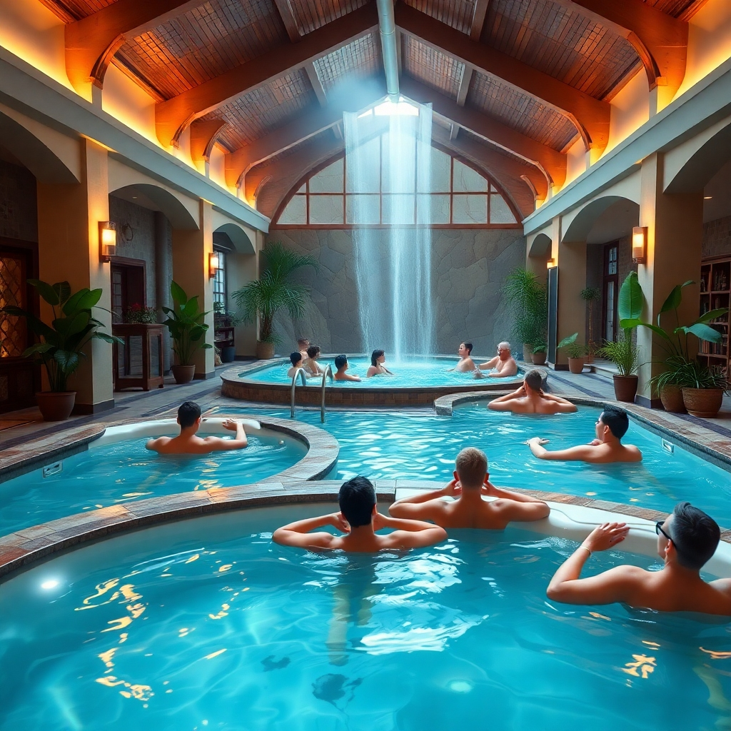 A serene area of an indoor water park with adults relaxing in hot tubs, surrounded by peaceful décor, soft lighting, and tropical plants, while children can be seen playing in the background, showcasing a perfect blend of relaxation and fun.