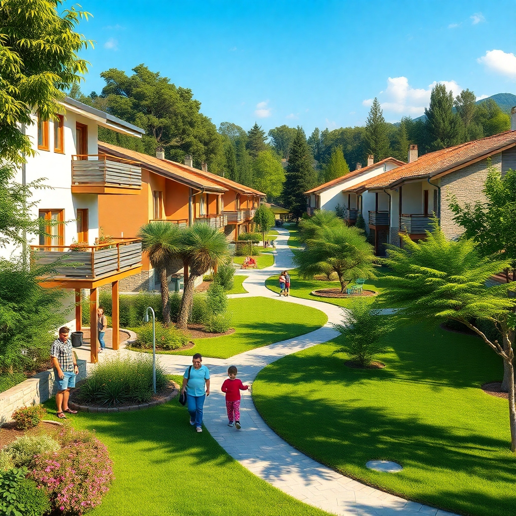 A serene neighborhood scene in Rovdas with modern houses surrounded by lush greenery. Families are enjoying the outdoors, children playing in the garden, and pathways lined with trees leading to recreational areas. Bright, vibrant colors capturing the essence of community and nature.