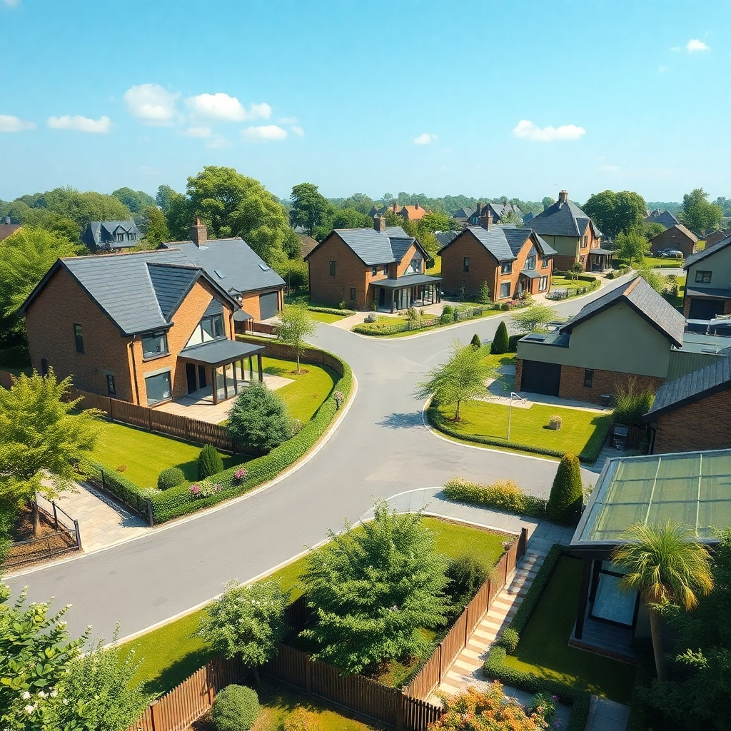 A serene residential area featuring a variety of detached houses with spacious gardens, showcasing modern architecture. The setting is surrounded by lush greenery, emphasizing family-friendly spaces and close proximity to nature. The scene should be bright and inviting, capturing the essence of suburban life.